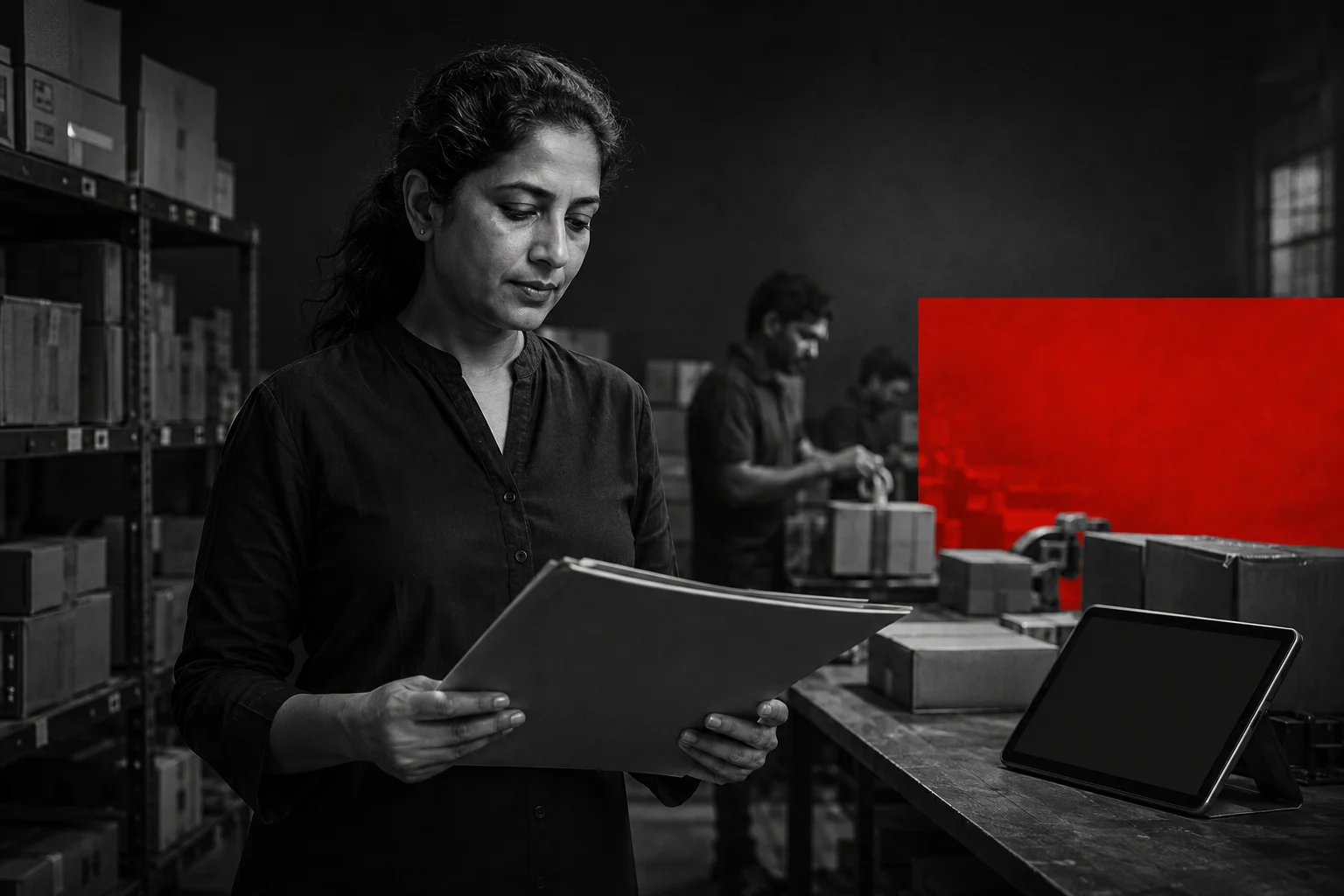 Fictional Indian business owner reviewing operations with her team